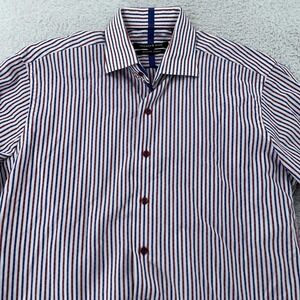 Hammer Made Shirt Mens 39 15.5 Red Blue Stripe Long Sleeve‎ Dress Italian Fabric